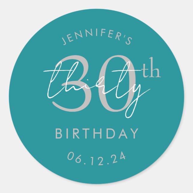 Sticker Rond Trente ans, Anniversaire Moderne Écriture Script T (Devant)