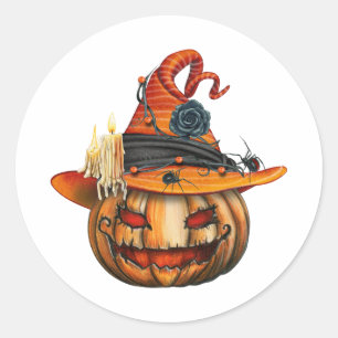 Sticker Rond Très effrayant Citrouille d'Halloween sculpté et a