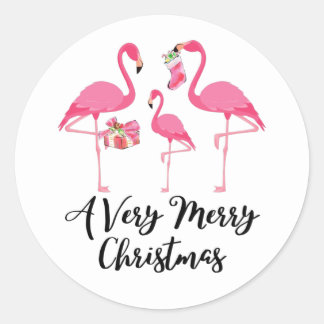 Sticker Rond Très Joyeux Flamants roses de Noël