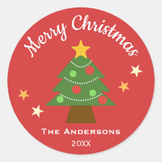 Sticker Rond Très joyeux sapin de Noël sous la lumière des étoi