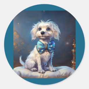 Sticker Rond Très mignon petit chien avec nœud papillon bleu