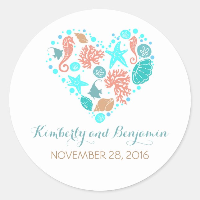 Sticker Rond Trésors balnéaires Perles Coeur Mariage nautique (Devant)