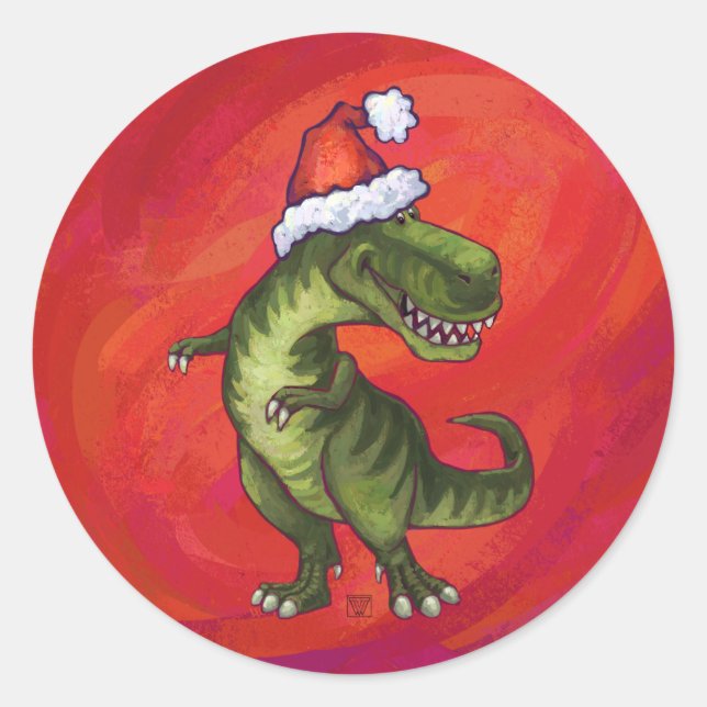 Sticker Rond TRex Dino à Santa Hat sur Red (Devant)