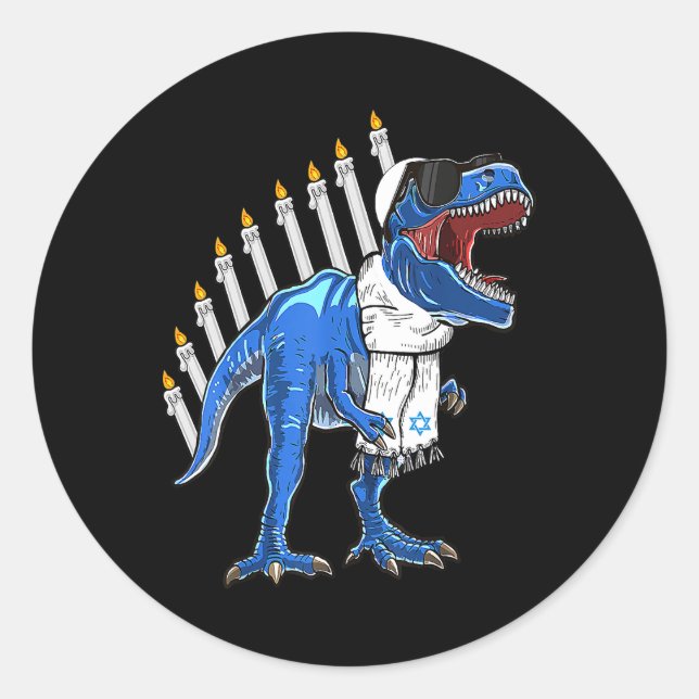 Sticker Rond Trex Dinosaur Menorah Hanoukka Chanukah Jewish Boy (Devant)