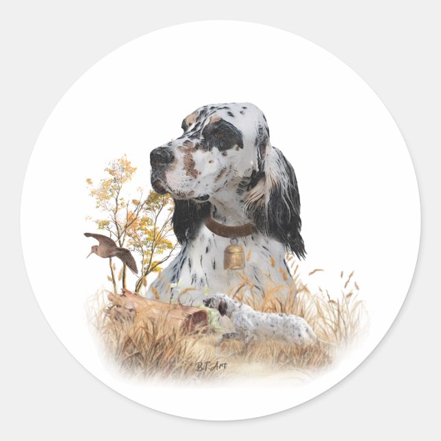Sticker Rond Tri Couleur Anglais Setter Art, chasse en bois (Devant)