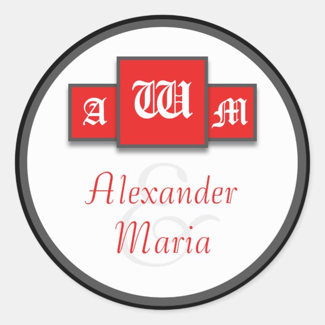 Sticker Rond Tri-Monogramme Rouge Stickers/Sceau de mariage mod (Devant)