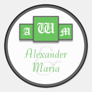 Sticker Rond Tri-Monogramme Vert Mariage Moderne Stickers/Sceau