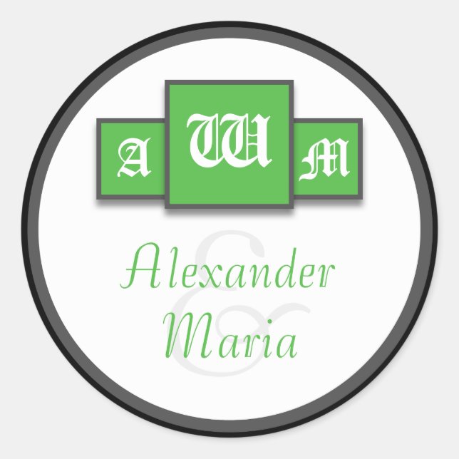 Sticker Rond Tri-Monogramme Vert Mariage Moderne Stickers/Sceau (Devant)