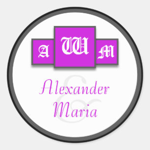 Sticker Rond Tri-Monogramme violet Stickers/Sceau de mariage mo