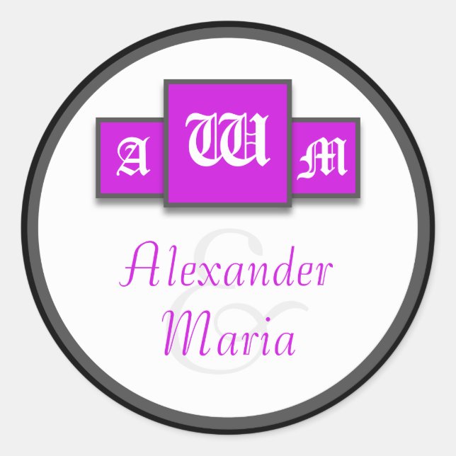 Sticker Rond Tri-Monogramme violet Stickers/Sceau de mariage mo (Devant)