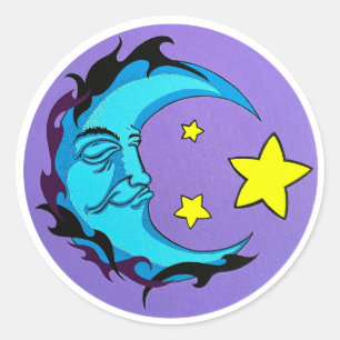 Sticker Rond Tribal Blue Moon avec trois étoiles jaunes