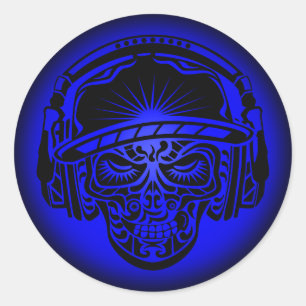 STICKER ROND TRIBAL SKULL BLEU