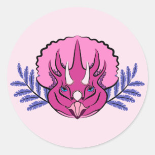 Sticker Rond Tricératops Joli Dinosaur Rose