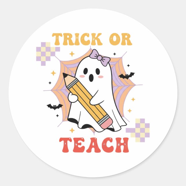 Sticker Rond Trick or Teach Mignon Professeur Fantôme Halloween (Devant)