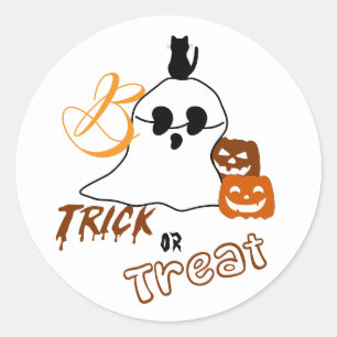 Sticker Rond Trick Or Treat Boo avec chat et citrouille derrièr