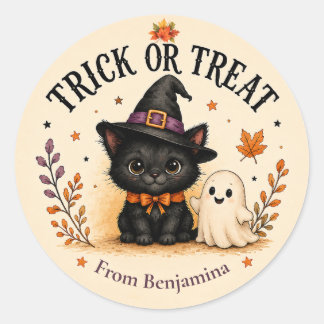 Sticker Rond Trick or Treat Chat Noir & Fantôme Halloween