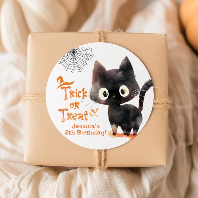 Sticker Rond Trick or Treat Chaton noir mignon fête d'Halloween (Créateur téléchargé)