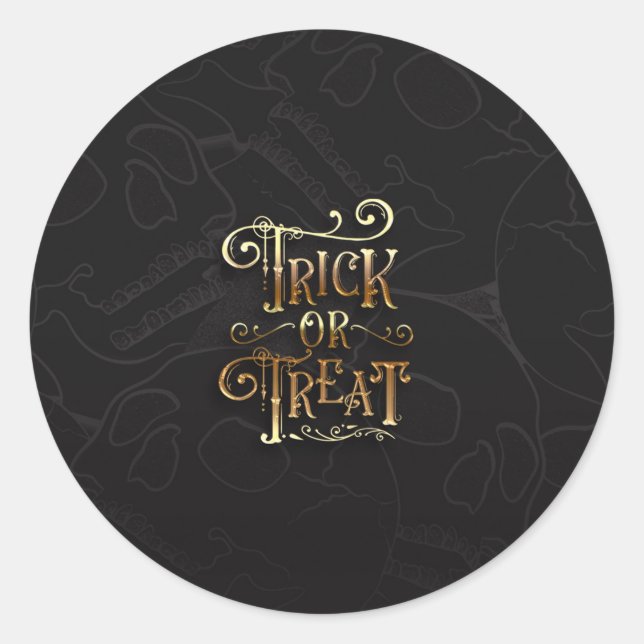 Sticker Rond Trick or Treat Crânes Fête d'Halloween noire et or (Devant)