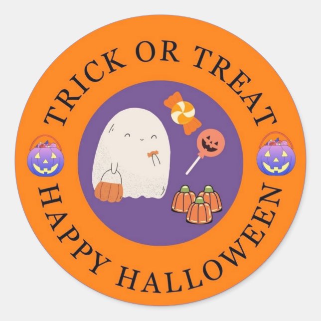 Sticker Rond Trick or Treat Happy Halloween mignon Fantôme (Devant)