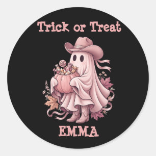 Sticker Rond Trick or Treat Vachette Fantôme Rose