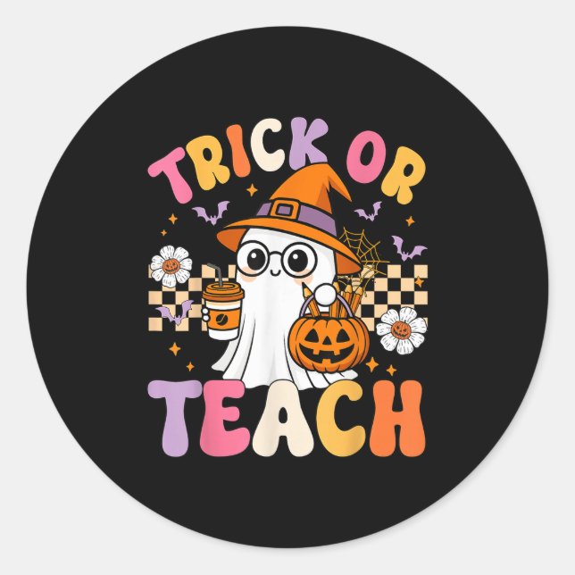 Sticker Rond Trick Ou Enseigner Cute Ghost Coffee Citrouilles H (Devant)