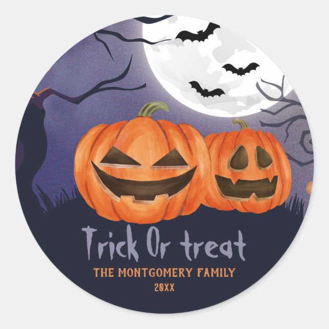 Sticker Rond Trick ou traiter Nom personnel Halloween Party (Devant)
