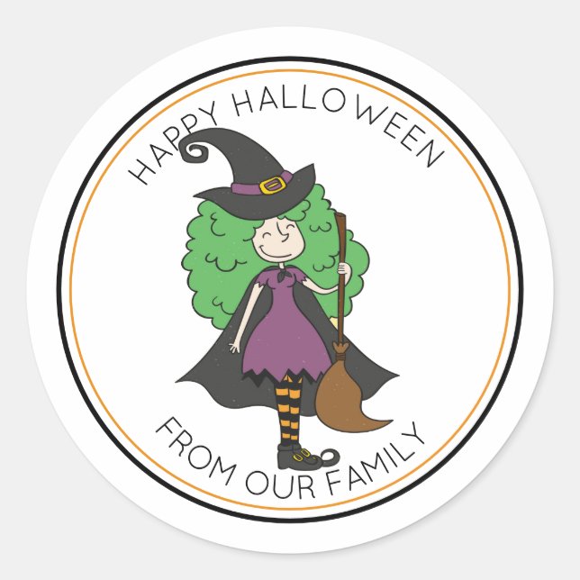 Sticker Rond Trick ou Treat Witch avec cheveux bouclés Hallowee (Devant)