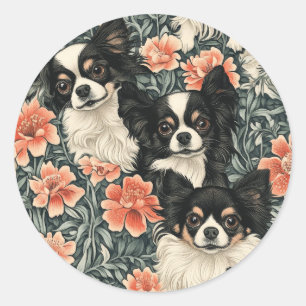 Sticker Rond Tricolor Chihuahuas William Morris Style Floral