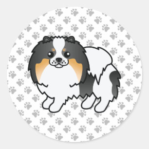Sticker Rond Tricolore blanc Poméranien mignon caricature Chien