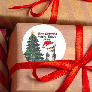 Sticker Rond Tricolore Corgi Chien de Noël Santa Hat Cute Cade