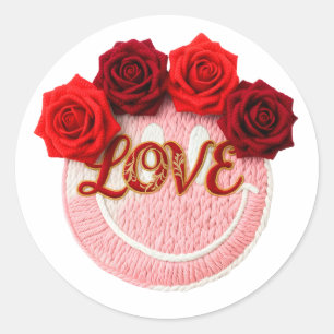Sticker Rond Tricot Visage Sourire Rose Rouge Amour Saint-Valen
