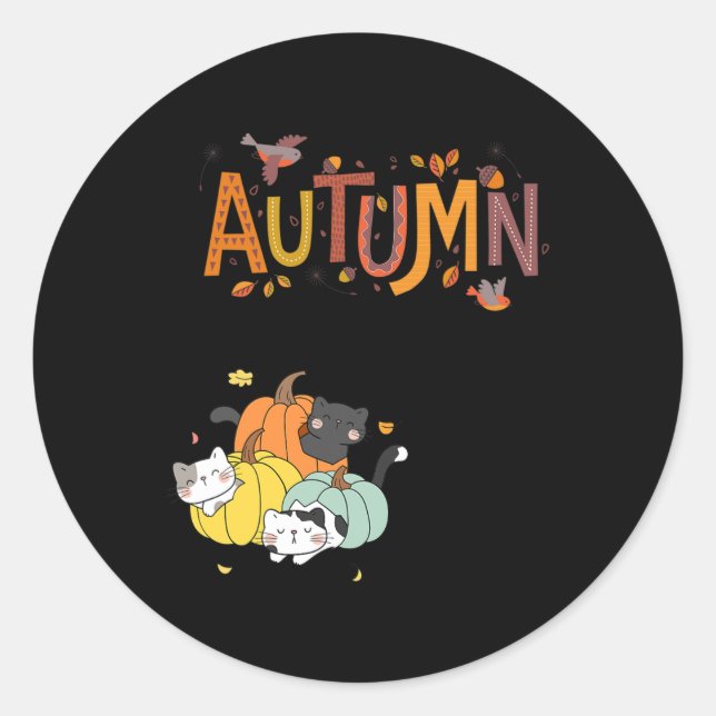 Sticker Rond Trio Cute Citrouille Chats Bonjour Automne Automne (Devant)