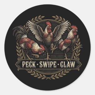 Sticker Rond Trio de coq drôle Peck Swipe Claw Gravure vintage