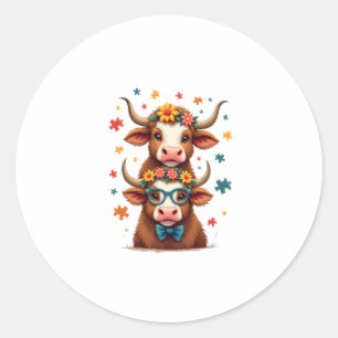 Sticker Rond Trio de vaches Highland autisme vintage regardant 