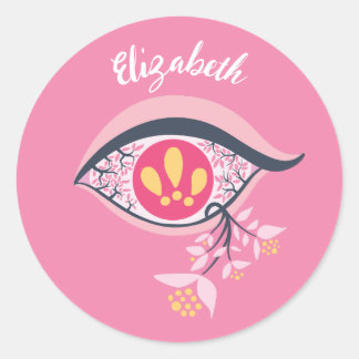 Sticker Rond Trippy Oeil rose Floral Nom psychédélique