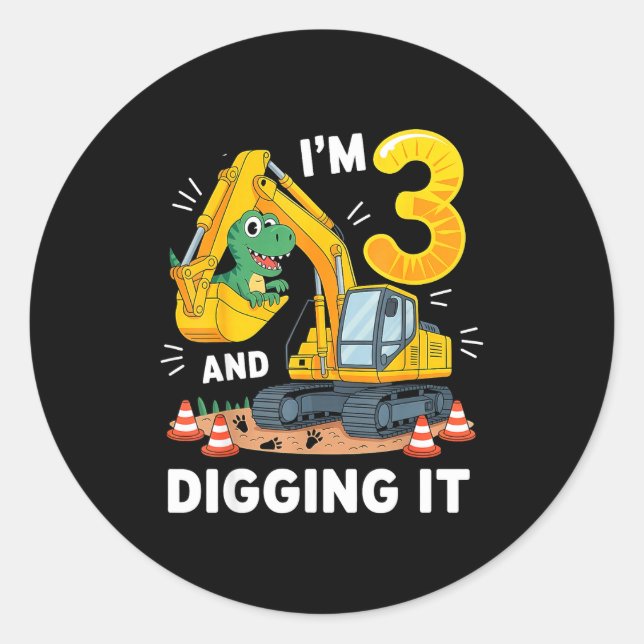 Sticker Rond Trois 3 ans 3e anniversaire construction dinosaure (Devant)