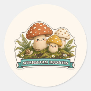 Sticker Rond Trois champignons souriants forestiers amis