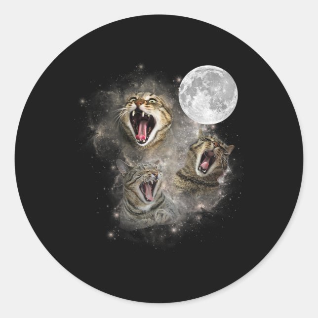 Sticker Rond Trois Chat Meow Moon drôle Mème bizarre maudit Mat (Devant)