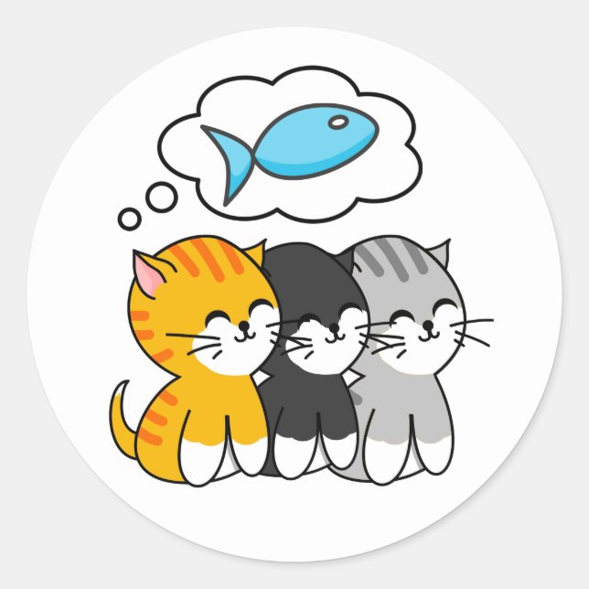 Sticker Rond Trois chatons pensant au poisson (Devant)