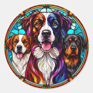 Sticker Rond Trois chiens adorables portrait de style vitrail
