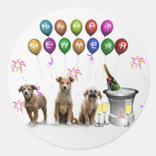 Sticker Rond Trois Chiens mignons qui souhaitent une bonne anné