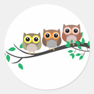 Sticker Rond Trois Chouettes sur un dessin mignon de branche d'