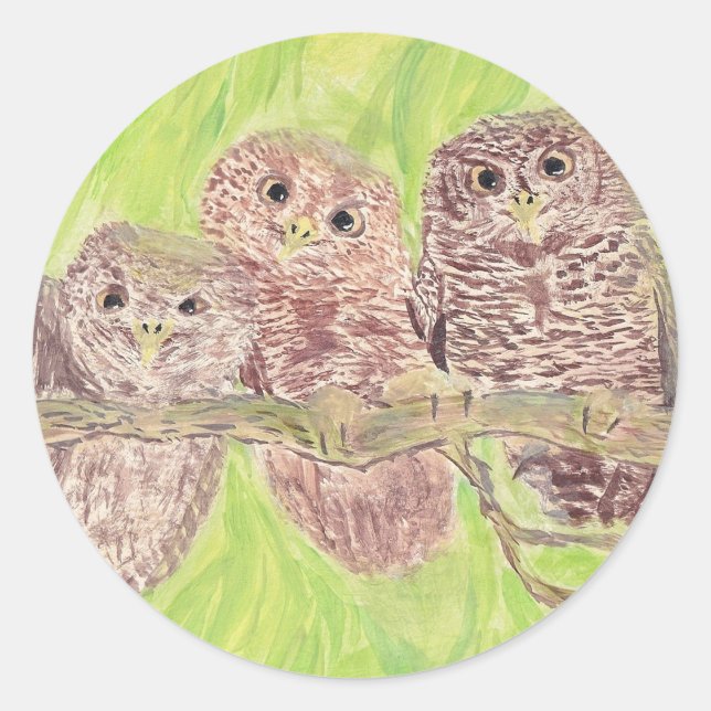 Sticker Rond Trois Petites Chouettes - peinture acrylique. (Devant)