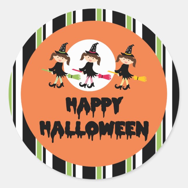Sticker Rond Trois petites sorcières joyeuses Halloween (Devant)