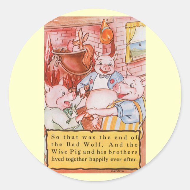 Sticker Rond Trois Petits Cochons Cuisinant Loup, Conte de Fées (Devant)