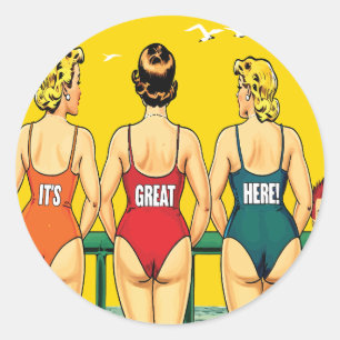 Sticker Rond Trois pin-up girls de dos, humour de plage, drôle