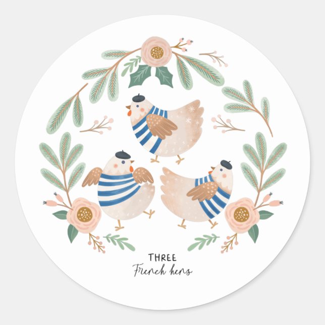 Sticker Rond Trois poules françaises 12 jours de Noël Folk (Devant)