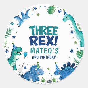 Sticker Rond Trois Rex Dinosaure Bleu 3ème Anniversaire