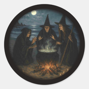 Sticker Rond Trois Sorcières Brew Cauldron Pleine lune Beach