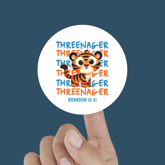 Sticker Rond Trois Tiger Boy 3e fête d'anniversaire (Threenager Tiger Boy 3rd Birthday Party Classic Round Sticker
)